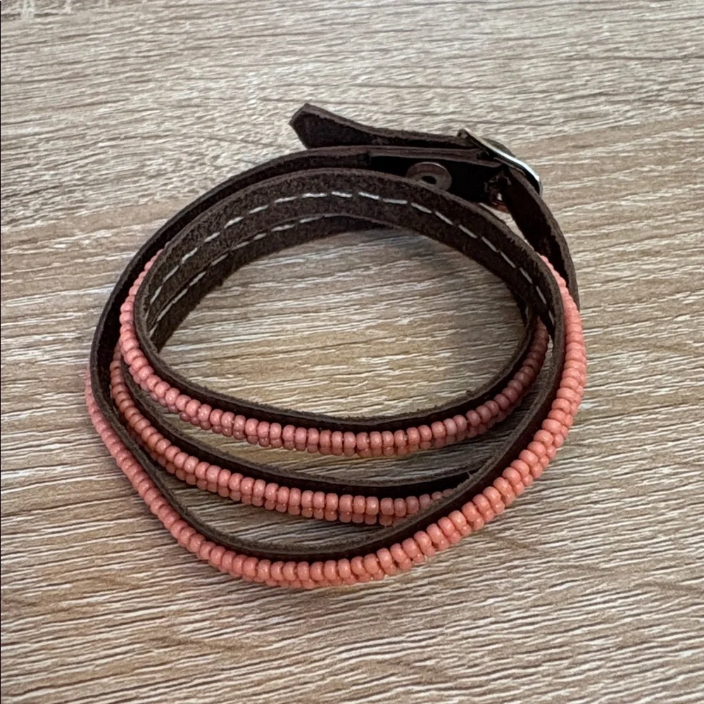S&D Triple Wrap Brown leather coral seed bead Bracelet Adjustable buckle clasp